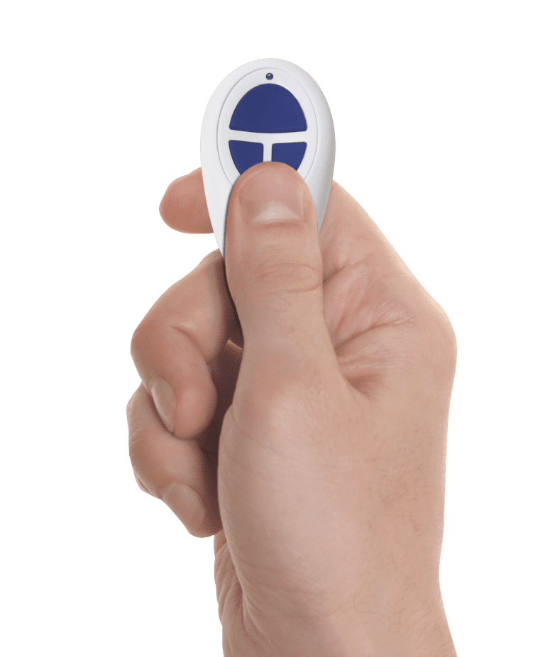 Hand with remote_350UCR_Layers EDITED (BLUE MEMBRANE LED) Gliderol Reprogramming a Gliderol remote control by pressing the illuminated buttons to sync it with the opener. - Gliderol
